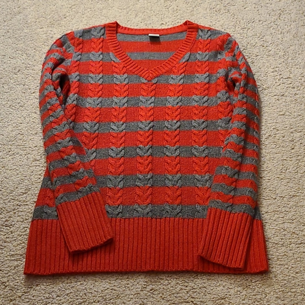 Striped Cable Knit Sweater V neck Pink Grey